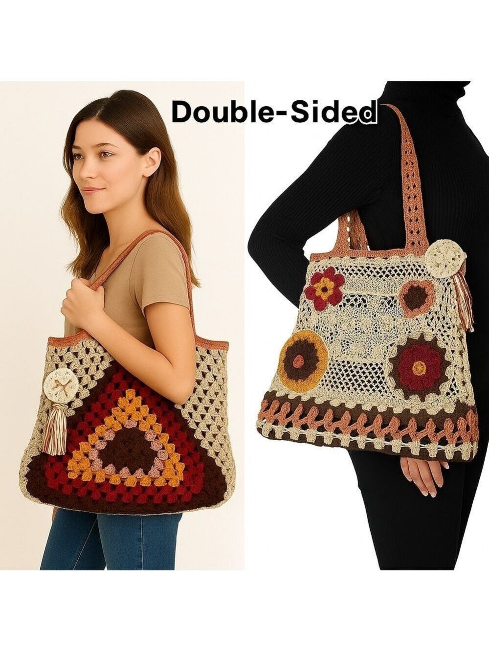 One-of-a-Kind Crochet Tote Bag 2-in-1 Upcycled Floral & Fall Purse Doble-sided